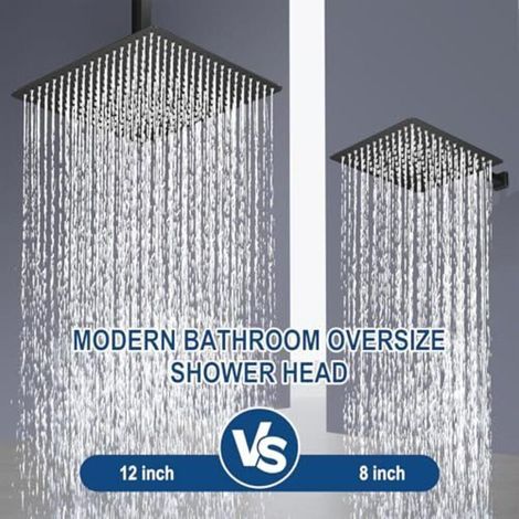 Pommeau de douche effet pluie, 12 pouces, acier inoxydable 304 carré (30 x 30 cm), finition chrome brossé, pommeau de douche autonettoyant effet pluie, installable, (NOIR) (1/4)