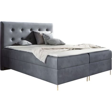 Sofello Boxspringbett LOUI 180 x 200cm 2x Bettkasten TOPPER 5cm Gratis Grau Velour hohe goldene Beine (1/4)