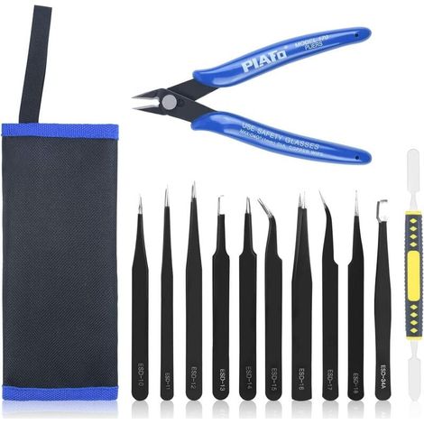 Pinces De Précision ESD - Kit 12 Pièces Avec Ciseaux À Fil Micro - Antistatique Pour Électronique Réparation Laboratoire Bijouterie (1/5)