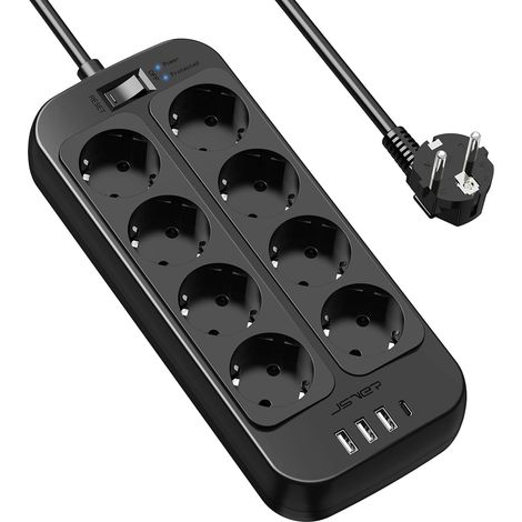 Multiprise 8 Prises avec 1 Port USB C,3 Port USB A (5V3,4A/17W) Parasurtenseur Parafoudre et Surtension avec Interrupteur Cordon 2m pour Smartphone Tablette- Noir (1/5)