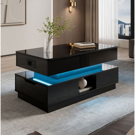 Table basse relevable noire brillante avec LED, prise intégrée, rangements, tiroirs et niches, 90x48x42,5 cm (1/5)