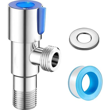 1 Pièces Vanne D'angle en Acier Inoxydable, 1/2" Robinet D'arrêt D'eau Chaude et Froide avec Ruban Étanche, Raccord de Robinet, Bleu