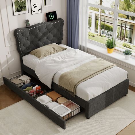 3ft Single Upholstered Bed with Rivet Design and Charging Station, Two Storage Drawers, Adjustable Button Tufted Headboard with USB & Type-C Ports, No Box Spring Needed, Linen, Grey (No Mattress)