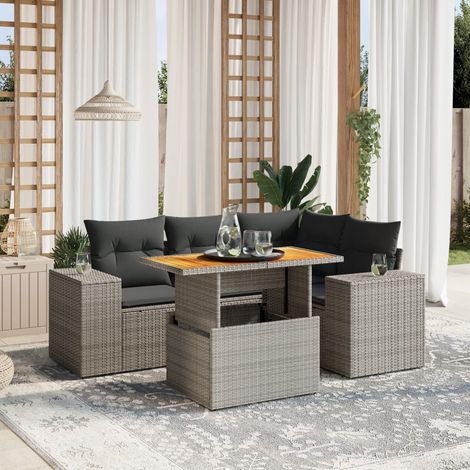 Salon de Jardin Gris 5 Pièces en Résine Tressée avec Coussins Lavables, Canapé d'Angle, Fauteuils et Table Réglable Acacia (1/3)