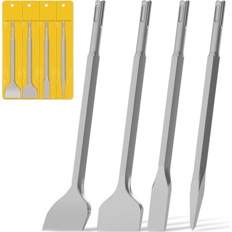 Juego de cinceles SDS de 4 piezas, 250 mm, juego de cinceles (incluye 1 cincel plano, 1 cincel para azulejos, 1 cincel biselado para azulejos, 1 cincel puntiagudo), apto para azulejos y hormigón. (1/5)