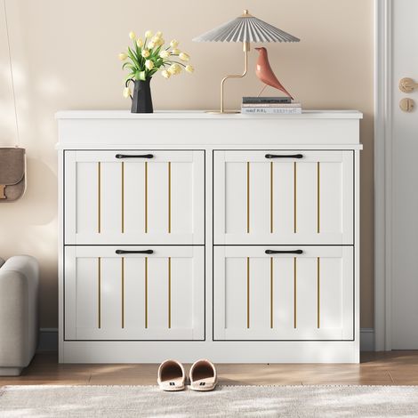 Scarpiera, 105x24x83 cm, armadio salvaspazio per ingresso e corridoio, 4 ante a ribalta con 8 scomparti, bianco (1/5)