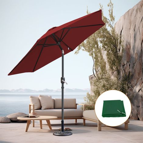 2.5M Wine Red Round Garden Parasol Patio Umbrella Crank Tilt with Base Cover (1/5)
