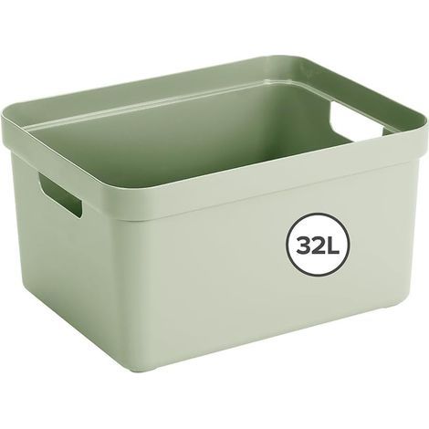Storage box, 32L, plastic, integrated handles, green, for living room, bedroom, hallway (1/5)