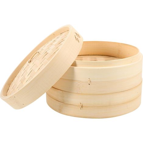 Panier vapeur à deux étages de 25 cm avec couvercle, ustensile de cuisine naturel et artisanal pour dim sum, poulet, poisson, légumes (1/5)