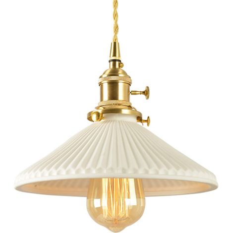 Lampe suspendue céramique blanche, douille E27 dorée, interrupteur rotatif, luminaire plafond cordon doré (Parapluie) (1/5)