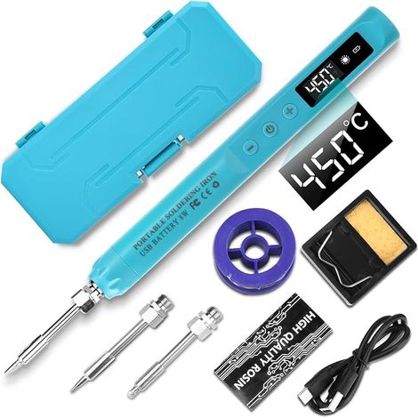 Fer à souder rechargeable par USB avec écran LCD, kit de fer à souder sans fil, noyau chauffant en céramique, température réglable 200-450 °C, avec 3 pointes à souder - bleu (1/5)