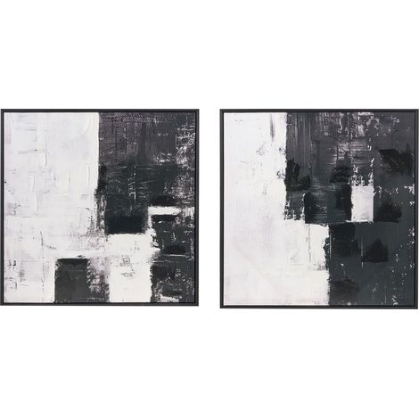 Set of 2 Wall Art Black Canvas Print Decoration Handmade Abstract Shapes Synthetic Materials Pine Wood Frame Living Room CASHEL
