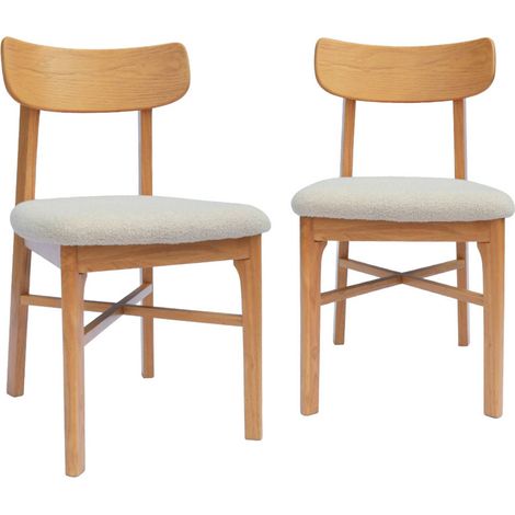 sweeek - 2er-Set Vintage-Stühle aus Heveaholz mit Bouclé-Bezug Natur / Weiß