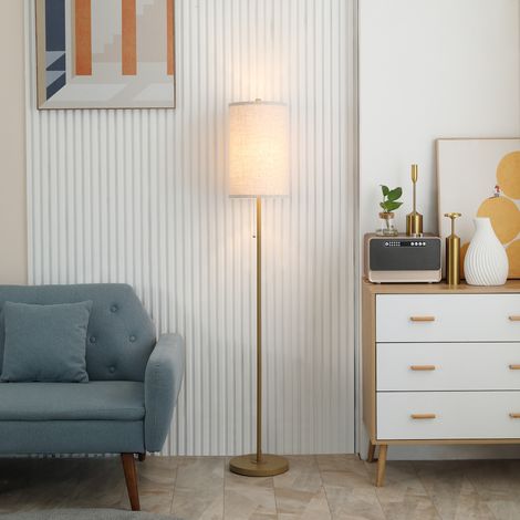 Designer-Stehleuchte, max. 40 W, goldfarbener Stahlfuß, cremefarbener Leinenschirm, Maße 25,5 x 25,5 x 157 cm, Gold und Beige