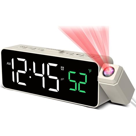 Réveil numérique avec projecteur à 180°, affichage de température, écran LED, 4 niveaux de luminosité, 3 niveaux de volume, fonction snooze de 9 minutes, format 12/24H, réveil avec projection (Beige) (1/5)