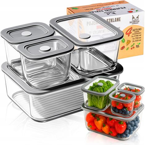 Modulare Glasbehälter (4 Stück) - 2x 310 ml + 1x 750 ml + 1x 1700 ml mit Glasdeckeln
