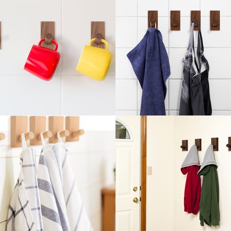 Crochets en bois massif, patères de style scandinave minimaliste pour entrées et halls, sans perçage, crochets adhésifs pour cintres, 4x8cm, bois. (1/5)