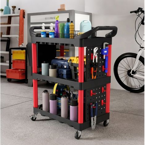 Chariot à outils 3 niveaux avec panneaux perforés, crochets et bac, noir et rouge OKMYHOME (1/5)