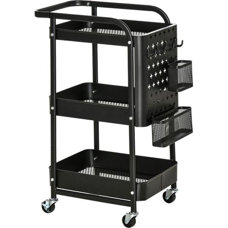 Desserte chariot de rangement pour bureau en métal chariot de service à roulettes 3 niveaux avec 2 range-couverts 4 crochets dim.51,5L x 32l x 75,6H cm - noir