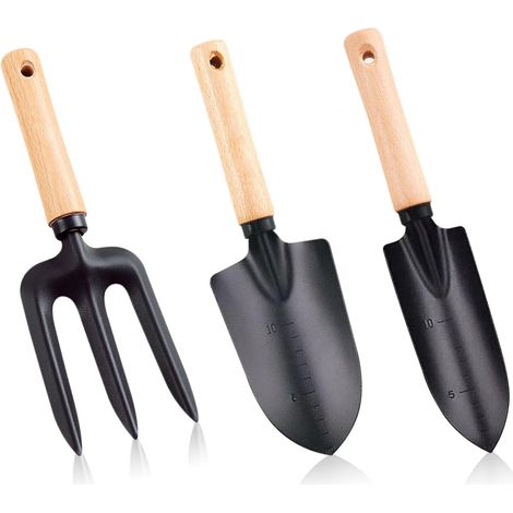 Set di 3 attrezzi da giardino di alta qualità: - Manico in legno - Pala da giardino portatile - Pala piccola e stretta - Rastrello - Attrezzi da giardino per bonsai - Piante e fiori in vaso (1/5)