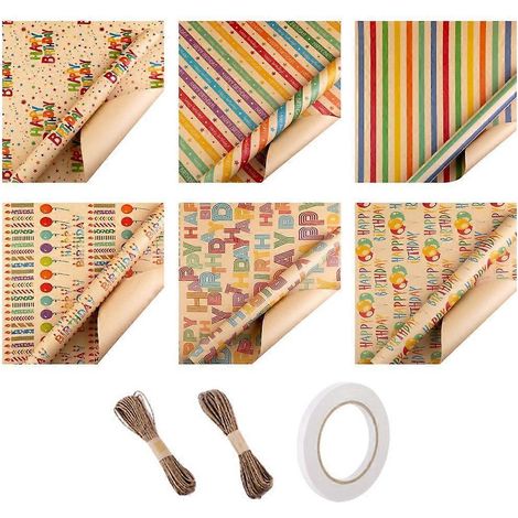 Lot de papiers cadeaux assortis avec carte, ruban adhésif et ficelle paille pour offrir à un ami - Kit emballage original décoratif. (1/4)