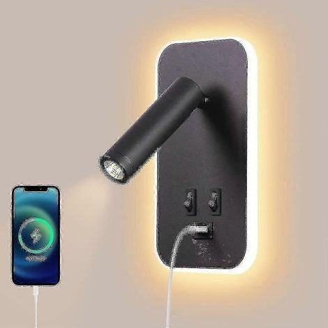 Applique murale LED, lampe de chevet avec interrupteur, port de chargement USB, éclairage d'ambiance idéal pour la chambre, spot orientable (3 W 3000 K + 9 W 6000 K), noir (1/5)
