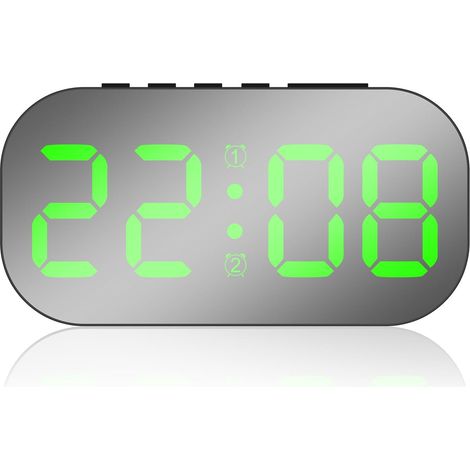 Radio-réveil numérique miroir – 3 niveaux de luminosité, ports de chargement USB et Type-C – Idéal pour la chambre et la table de chevet – Vert (1/4)