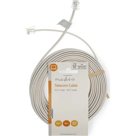 Nedis Telefonkabel / RJ11 Stecker / RJ11 Stecker / 10.0 m / Kabeldesign: Flach / Vergoldet / Kabeltyp: RJ11 / Weiss / Label