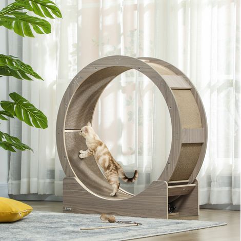 Roue d'exercice pour chat 91 x 33,5 x 94 cm avec frein et griffoir, bois finition noyer HAVRYA (1/3)