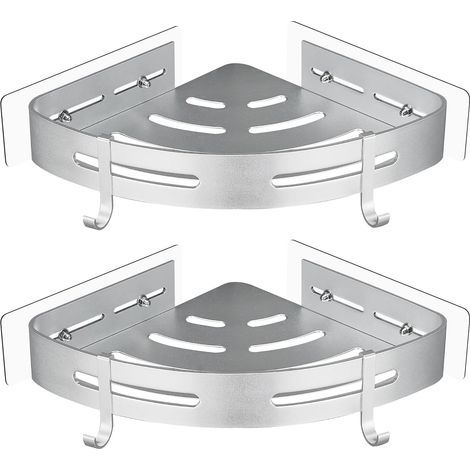 No Drilling Metal Corner Shower Caddy with 2 Shower Hooks Rustproof Self Adhesive Holder for Bathroom Items 2 Pieces (Silver) (1/5)