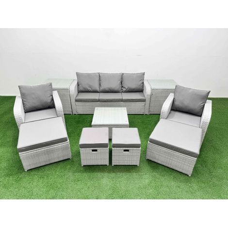 Fimous Outdoor Garden Furniture Set PE Rattan Lounge Sofa Set with Coffee Table 3 Seater Sofa 4 Footstools 2 Side Tables Light Grey (1/4)