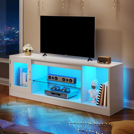 148 cm Meuble TV pour TV jusqu'à 65 Pouces avec 7 LED RGB 22 Modes lumières TV Game Entertainment Center TV Low Board avec étagère en Verre réglable (1/5)