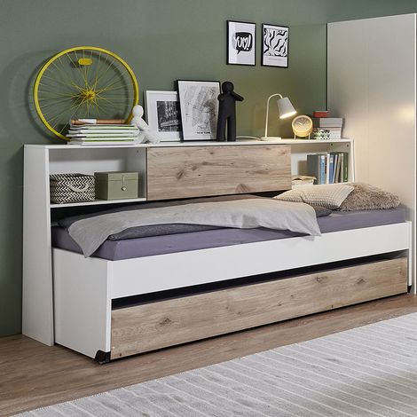 Jugendzimmer-Bett mit 90x200 cm Liegefläche in weiß mit Eiche, mit Bettschublade, Bettüberbau NOLI-43 (1/5)