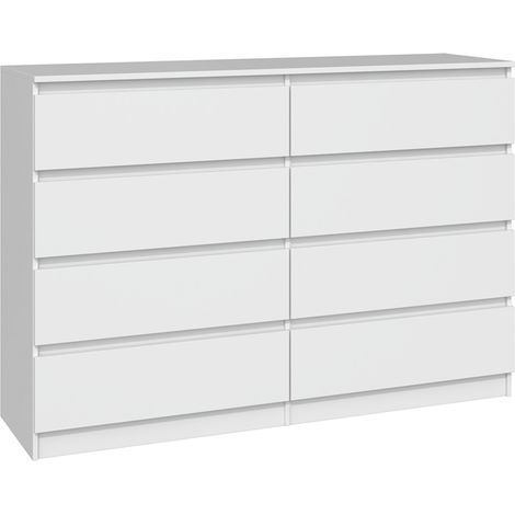 Commode moderne 8 tiroirs 140cm – Blanc – Design minimaliste sans poignées – Fabrication polonaise de qualité
