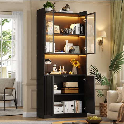 Hohe LED-Vitrine 80 x 35 x 200 cm, 4 Türen, verstellbare Böden, schwarz OKMYHOME (1/5)