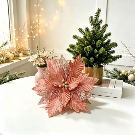 Weihnachtsdekorationen, Weihnachtsstern, Goldpuder, Perlen-Weihnachtsbaumzweige, bunte Stoffblumenköpfe, DIY-Dekorationen
