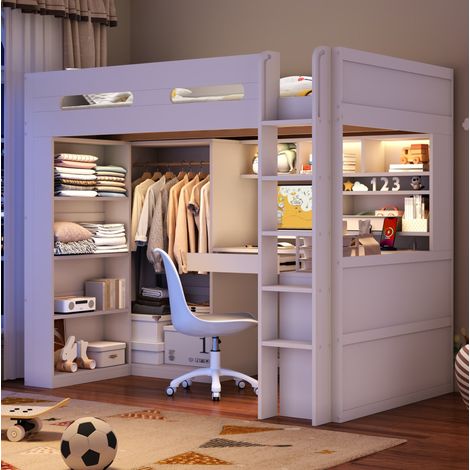 Hochbett 90x200 cm weiß aus Massivholz und MDF mit Schreibtisch, Schublade, Regal und LED (1/5)