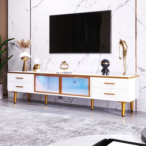 Meuble TV moderne 170 cm, meuble TV en marbre avec 4 tiroirs et 2 portes en verre brun, poignées dorées, 4 pieds dorés, style moderne, 170x37x47,5 cm, Blanc (1/5)