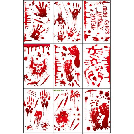 Autocollant Fenêtre Halloween - Adhésif PVC Sans Résidu - Pour Vitre Miroir Réfrigérateur Sol - Motif Sang Éclaboussures Empreintes - Lot de 12 (1/5)