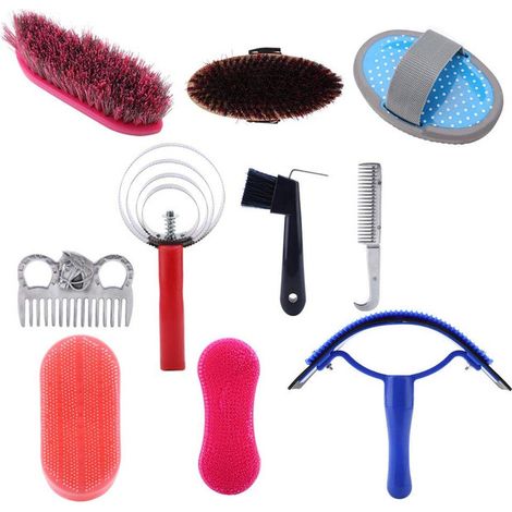 Kit de pansage pour cheval 10 pièces - Brosse, étrille, cure-pied et peigne pour chevaux et poneys (1/5)