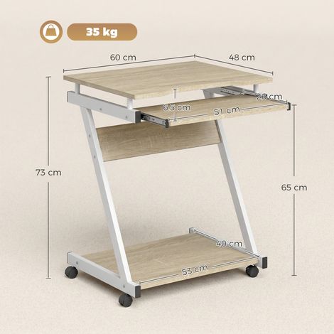 Bureau d'ordinateur avec 4 roulettes, clavier coulissant, couleur chêne (1/5)