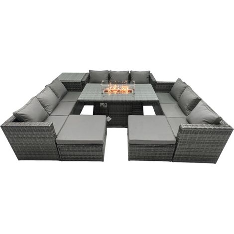 Fimous Rattan Garden Furniture Firepit Set Outdoor 11 Seater Patio Dining Sets with Glass Top Dining Table Side Tables