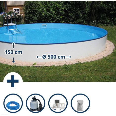 Stahlwandpool Set rund Balearen 500x150 cm, Stahl 0,8 mm weiß, Folie 0,6 mm blau, Einhängebiese (1/5)
