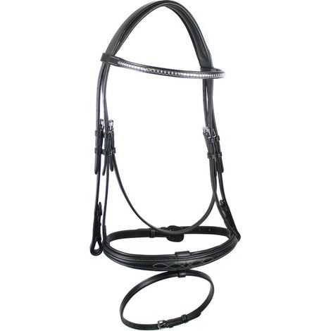 full, nero: Briglia inglese in cuoio con frontalino metallico e impunture a contrasto completa di redini in gomma
