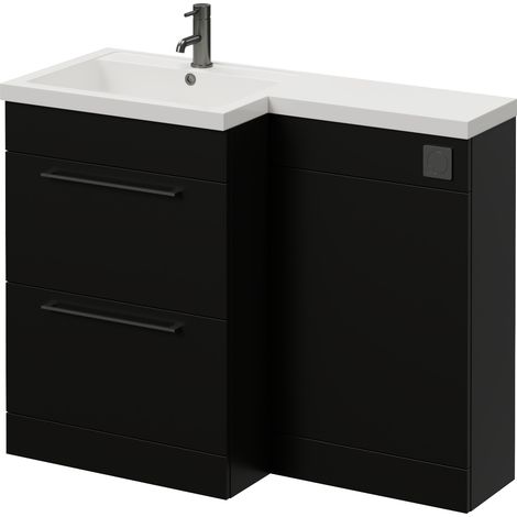 Napoli 460 Matt Black 1100mm 2 Drawer Vanity Unit Toilet Suite with Left Hand Square Lucia Basin - 1100mm - Gunmetal Grey 320mm HandleWithout Kingston Toilet Pan