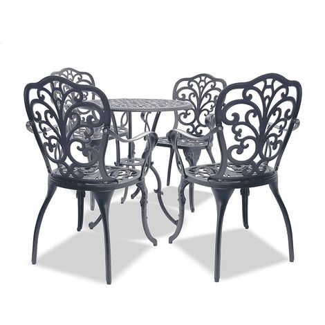 Homeology BANGUI Luxurious Garden & Patio Table & 4 Large Chairs with Armrests Cast Aluminium Bistro Set - Grey (1/5)