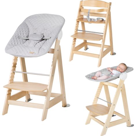 Chaise Haute Évolutive en Bois 2en1 + Transat Inclinable Style Gris Argenté - dès Naissance - Hauteur Réglable - Nettoyable Facilement - Naturel (1/5)