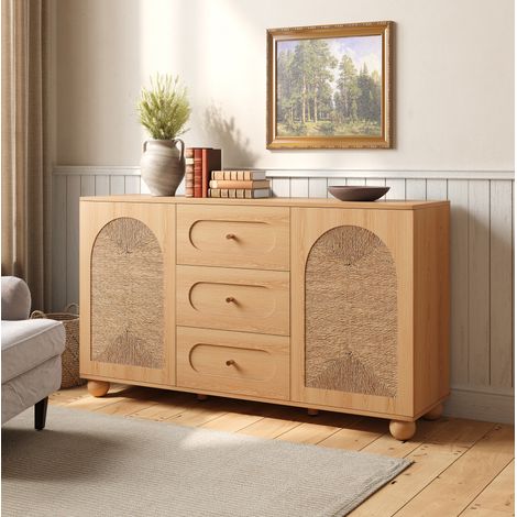 Aparador 140x40x80 cm con 2 puertas de cuerda y 3 cajones, almacenamiento organizado, patas de madera natural (1/5)