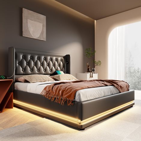 Lit coffre rembourré 180x200 cm en similicuir PU noir avec tête de lit capitonnée, ports USB et USB-C, LED sur 3 côtés, rangement hydraulique (1/5)