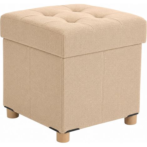 Relaxdays Pouf imbottito con vano portaoggetti, quadrato, 8 x 38 x 38 cm, effetto lino, gambe in legno, crema (1/5)
